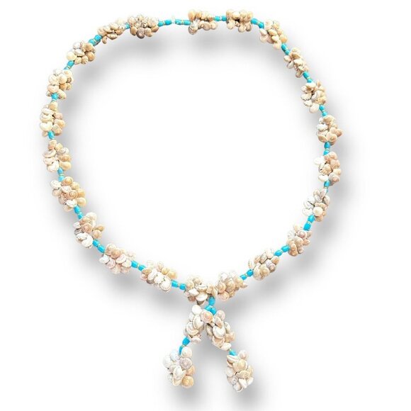 Lariat Seashell Snail Cluster Beads with Blue Bead Resin Spacer Necklace - Picture 3 of 8